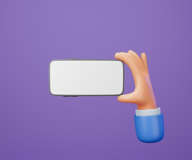 3D-Cartoon-Hand mit Smartphone isoliert auf violettem Hintergrund, Hand mit Handy-Attrappe. 3d