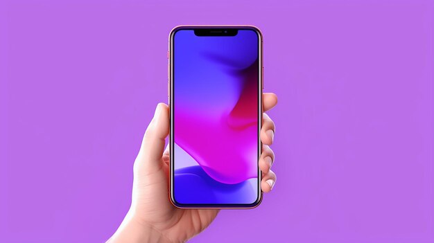 3D-Cartoon-Hand mit Smartphone isoliert auf violettem Hintergrund, hergestellt durch generative KI