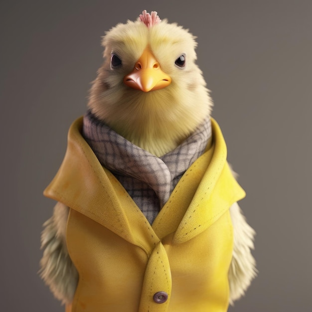 3D-Cartoon-Huhn-Porträt mit Kleidung, Brille, Hut, Jacke, die vorne steht