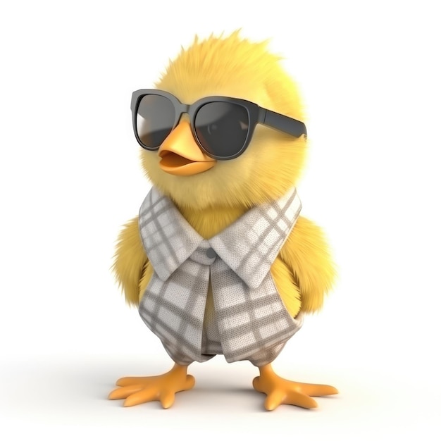 3D-Cartoon-Huhn-Porträt mit Kleidung, Brille, Hut, Jacke, die vorne steht