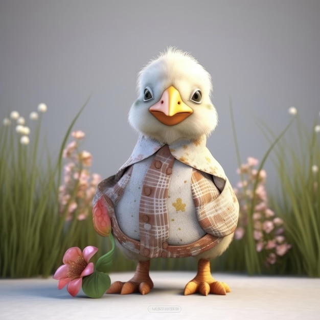 3D-Cartoon-Huhn-Porträt mit Kleidung, Brille, Hut, Jacke, die vorne steht