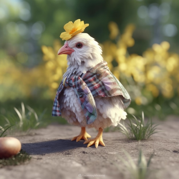 3D-Cartoon-Huhn-Porträt mit Kleidung, Brille, Hut, Jacke, die vorne steht