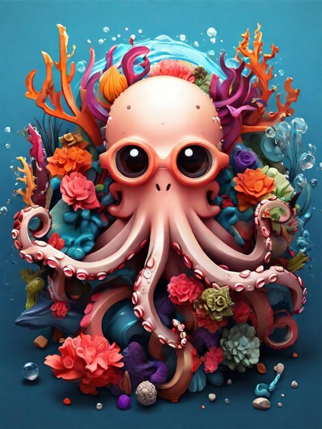 3D-Cartoon-Illustration detailliert Oktopus mit Blumen