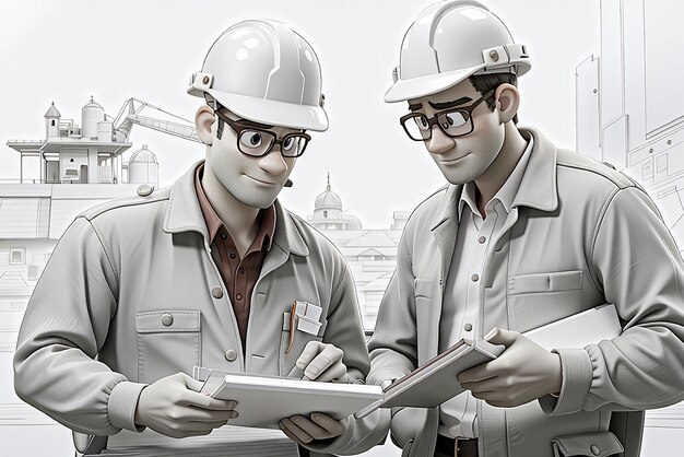 3D-Cartoon-Illustration eines Ingenieurs mit Ingenieurhintergrund in einer Fabrik
