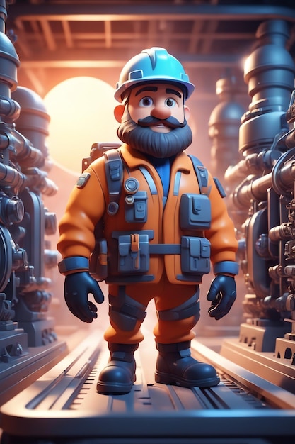 3D-Cartoon-Illustration eines Ingenieurs mit technischem Hintergrund in der Fabrik