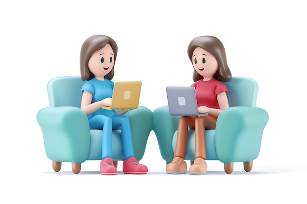 3D-Cartoon-Illustration von zwei Geschäftsfrauen, die mit einem Laptop auf Sesseln sitzen