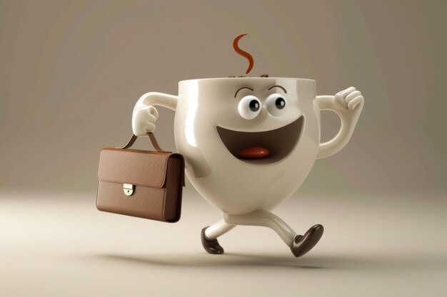 3D-Cartoon-Kaffeekuppen-Maskottchen läuft mit einer Aktentasche