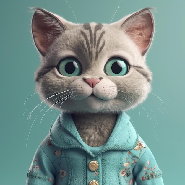 3D-Cartoon-Katzenporträt mit Kleidung, Brille, Hut, Jacke, die vorne steht