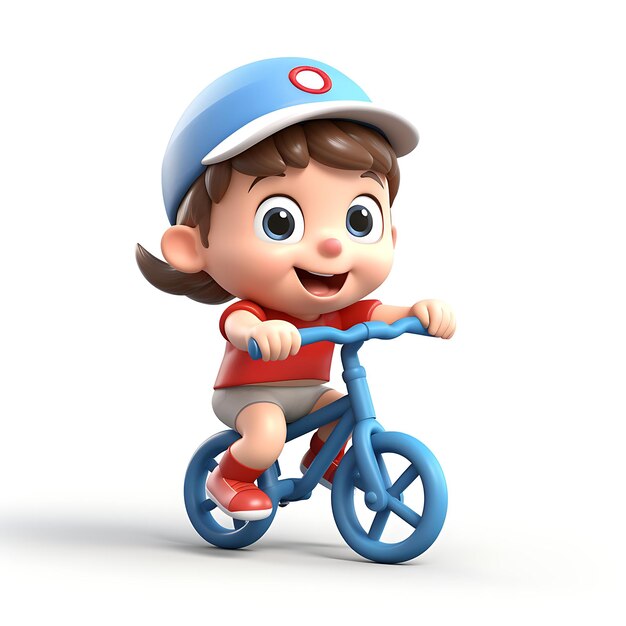 3D-Cartoon-Kind, das Fahrrad auf weißem Hintergrund fährt