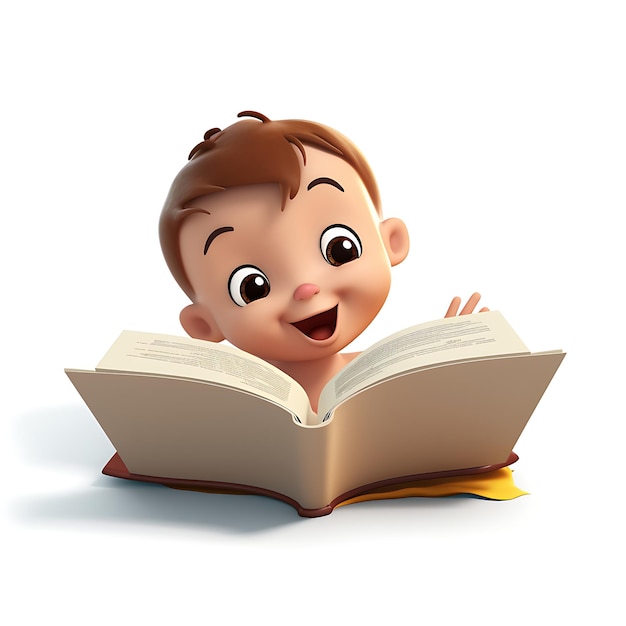 3D-Cartoon-Kind-Lesebuch auf weißem Hintergrund
