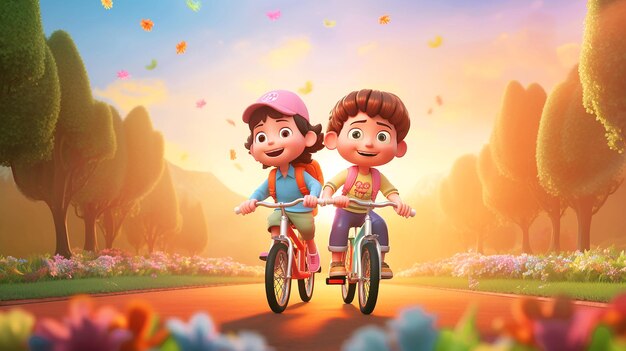 3D-Cartoon-Kinder, die Fahrrad fahren
