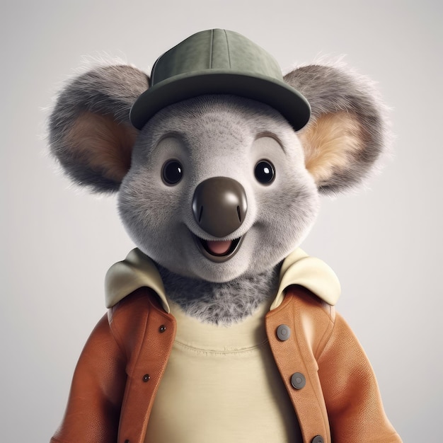 3D-Cartoon-Koala-Porträt in Kleidung, das vor dem Studio steht, beleuchtet generative KI