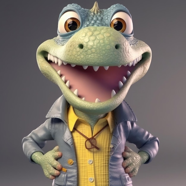 3D-Cartoon-Krokodil-Alligator-Porträt mit Kleidung, Brille, Hut, Jacke, die vorne steht