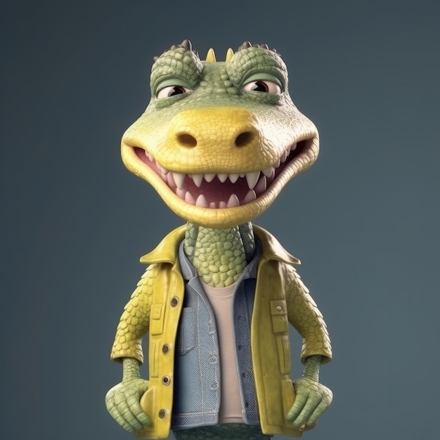 3D-Cartoon-Krokodil-Alligator-Porträt mit Kleidung, Brille, Hut, Jacke, die vorne steht