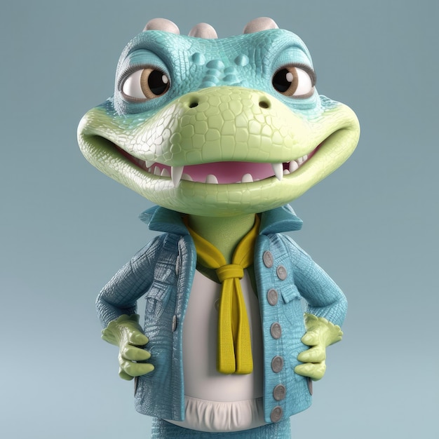 3D-Cartoon-Krokodil-Alligator-Porträt mit Kleidung, Brille, Hut, Jacke, die vorne steht