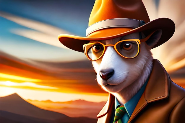 3D-Cartoon-Lama oder Ziege mit Hut und Sonnenbrille
