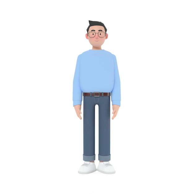 3D-Cartoon-Mann steht geradeaus und trägt ein blaues Hemd 3D-Kartoon