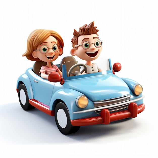 3D-Cartoon-Mann und Frau, die ein Auto fahren, isoliert auf Weiß