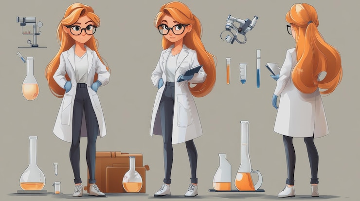 Foto 3d-cartoon-modell anime-stil weibliche protagonistin chemisches labor laborgeräte