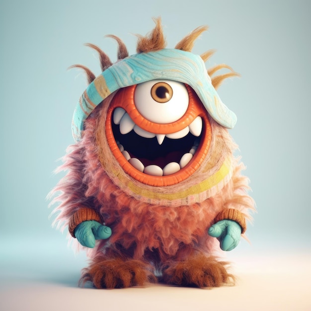 3D-Cartoon-Monsterporträt mit Kleidung, Brille, Hut und Jacke, die davor steht