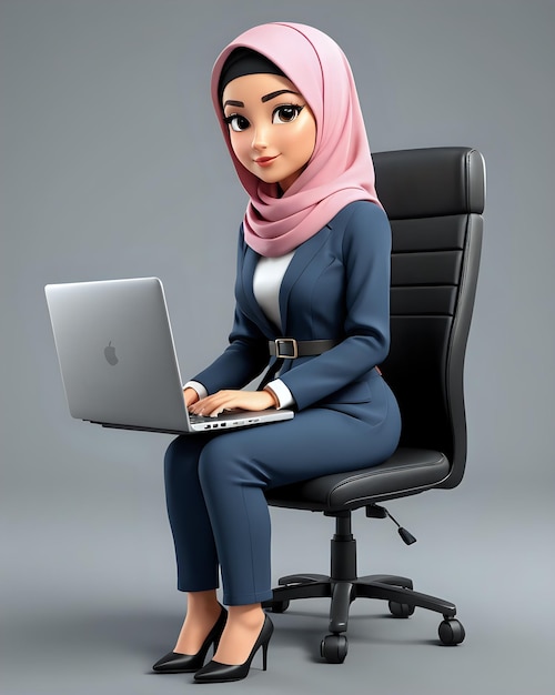 3D-Cartoon muslimische Frau arbeitet vor dem Laptop