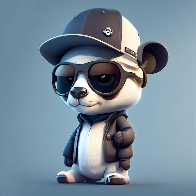 3D-Cartoon-Panda-Figur mit stylischer Mütze und Sonnenbrille, die ihr einen trendigen und coolen Look verleiht