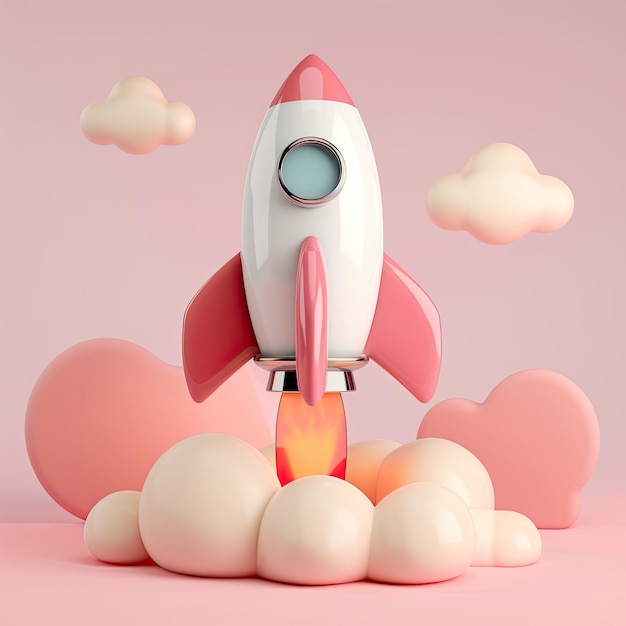 3D-Cartoon-Pastel Eine Rakete startet für ein Geschäftskonzept