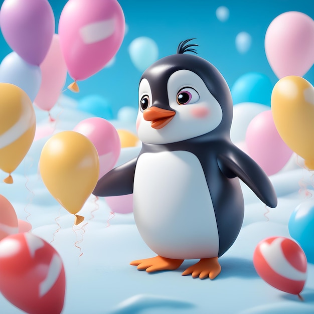 Foto 3d-cartoon-pinguin mit ballons und einem blauen himmelshintergrund