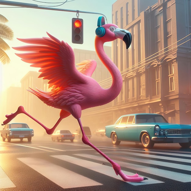 3D-Cartoon rosa Flamingo in blauen Kopfhörern überquert die Straße bei rotem Licht abstraktes Bild