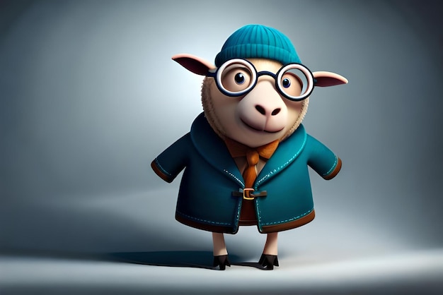 3D-Cartoon-Schaf mit Kleidung, Brille, Hut und Jacke für fröhliches Eid al-Adha