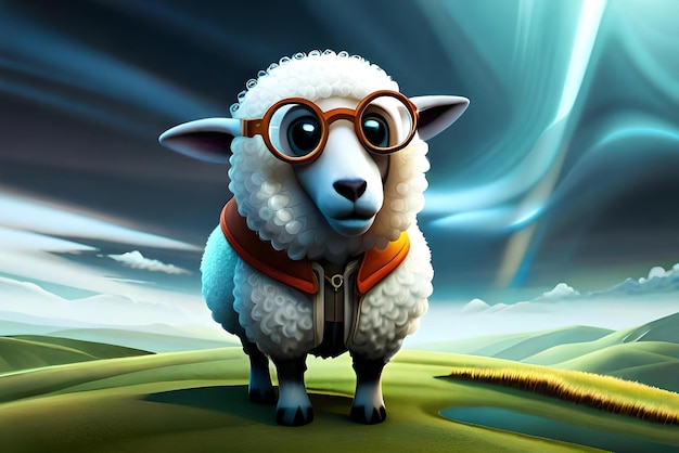 3D-Cartoon-Schaf mit Kleidung, Brille, Hut und Jacke