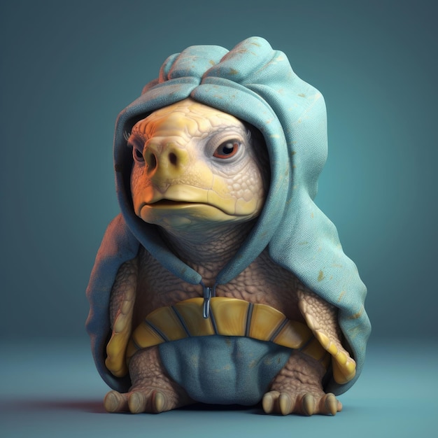 Foto 3d-cartoon-schildkrötenporträt mit kleidung, brille, hut und jacke, die davor steht