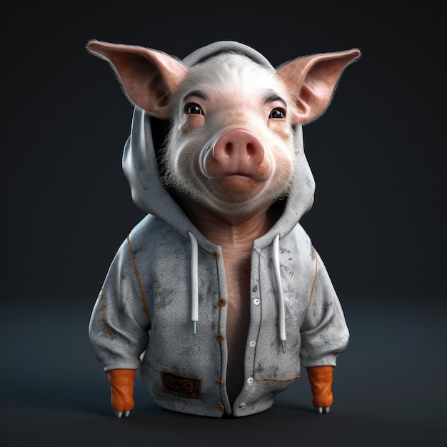 3D-Cartoon-Schweinporträt mit Kleidung, Brille, Hut und Jacke, die davor steht