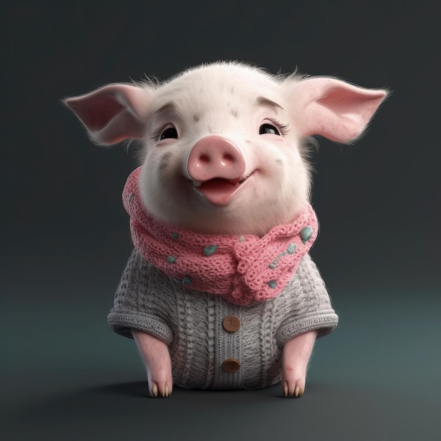 3D-Cartoon-Schweinporträt mit Kleidung, Brille, Hut und Jacke, die davor steht