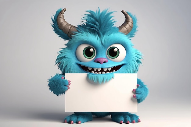 3D-Cartoon süßes pelziges Monster, das Leer hält