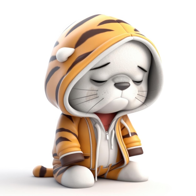 3D-Cartoon-Tigerporträt mit Kleidung, Brille, Hut und Jacke, die davor steht