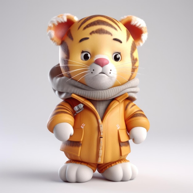 3D-Cartoon-Tigerporträt mit Kleidung, Brille, Hut und Jacke, die davor steht