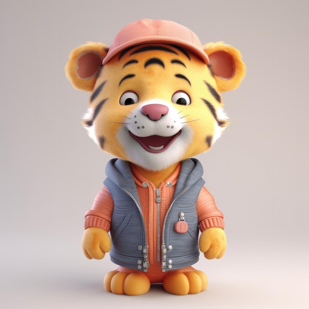 3D-Cartoon-Tigerporträt mit Kleidung, Brille, Hut und Jacke, die davor steht