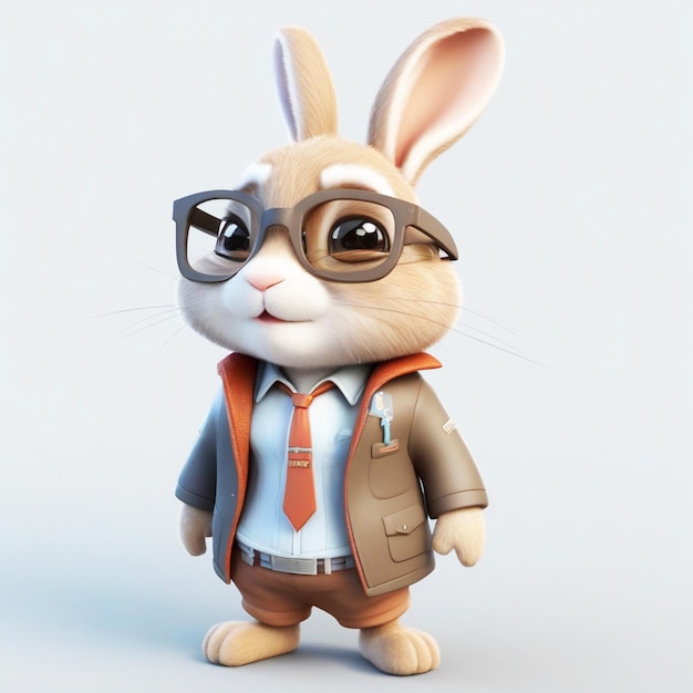 3D-Cartoon von einem kleinen Kaninchen mit brauner Jacke und Brille