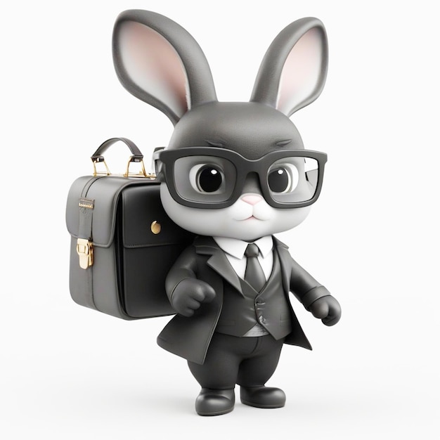 3D-Cartoon von einem kleinen Kaninchen mit schwarzer Jacke und Tasche