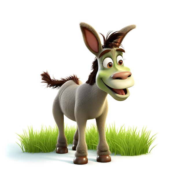 3D-Cartoon von Esel auf dem Gras, isoliert auf Weiß