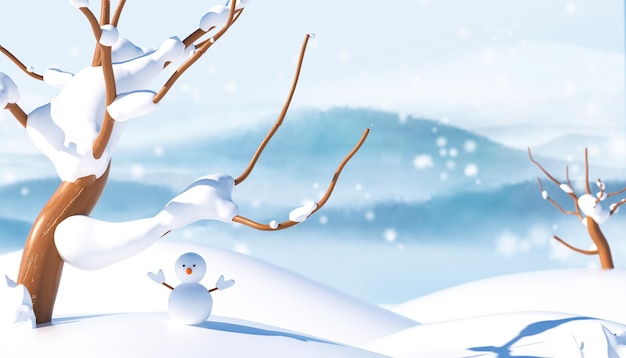 3D-Cartoon-Winter-Baum-Schnee-Szene