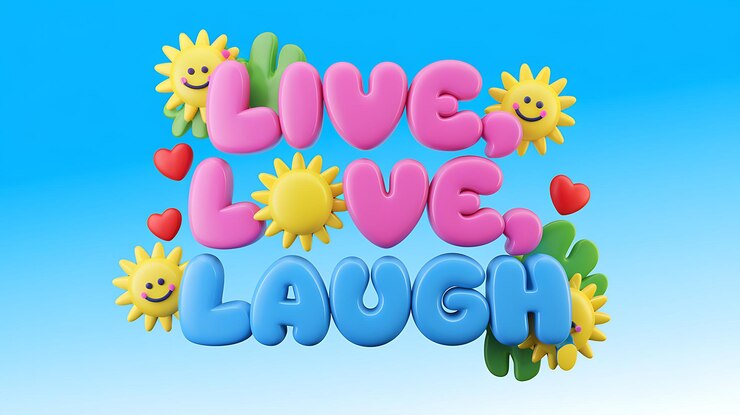 Foto 3d cartoon words quotlive love laughquot con decoraciones de sol y corazón