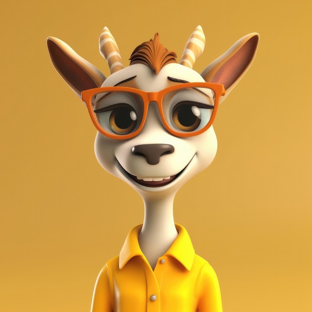 3D-Cartoon-Ziegengazelle-Porträt mit Kleidung, Brille, Hut und Jacke, die davor steht