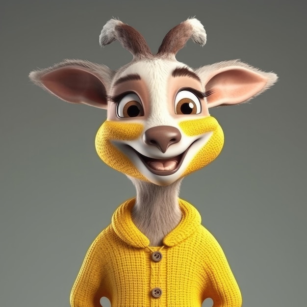 3D-Cartoon-Ziegengazelle-Porträt mit Kleidung, Brille, Hut und Jacke, die davor steht