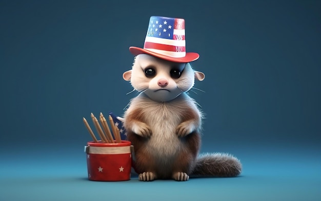 3D-Cartoon zur Feier des amerikanischen Unabhängigkeitstages am 4. Juli. USA-Flaggenhut und Feuerwerkskörper