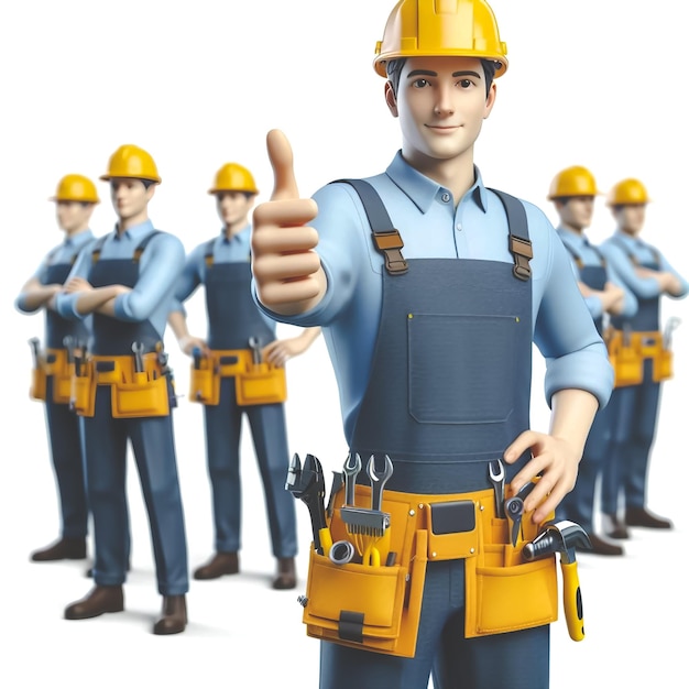 3D-Cartoonfigur eines Bauarbeiters in Schürze und Hut