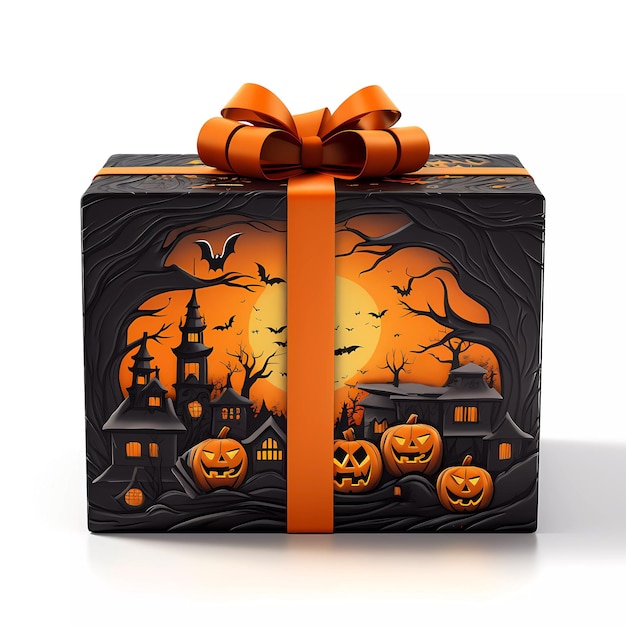 3D CartoonStyle Illustration einer Halloween-Geschenkkiste mit Kürbissen isoliert auf weißem Hintergrund Beängstigender Clipart für Trick-or-Treat-Projekte oder Weihnachtsmedienposts