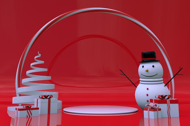 3d cena mínima de inverno 2022 Árvore de Natal boneco de neve caixa de presente Desenhos animados bonitos mock up para o ano novo