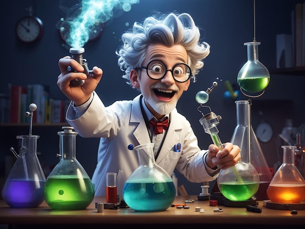 3D-Charakter eines verrückten Wissenschaftlers oder verrückten Professors im Wissenschaftslabor „Generate Ai“.